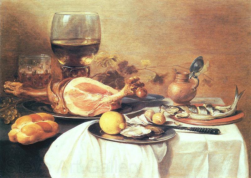 Pieter Claesz A ham, a herring, oysters, a lemon, bread, onions, grapes and a roemer Spain oil painting art